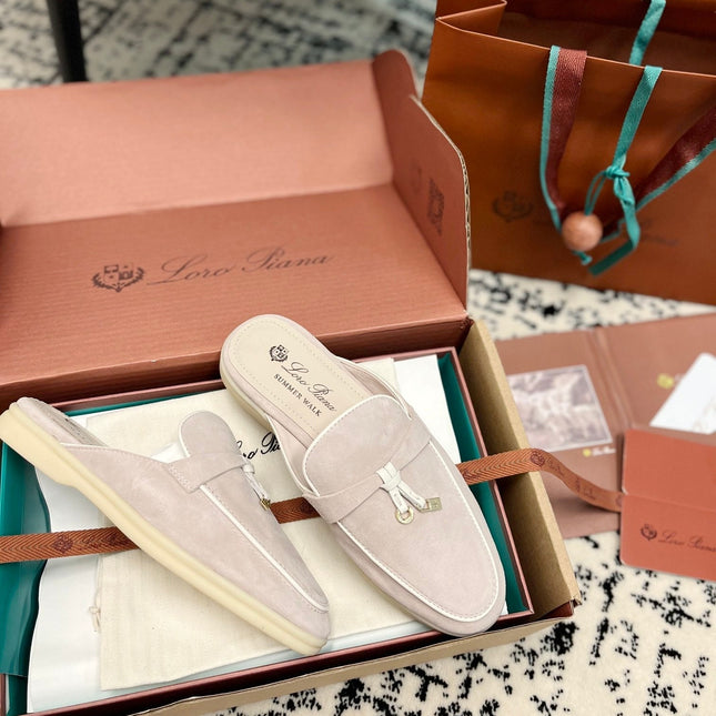 Loro Piana Light Grey White Suede Charms Walk Flat Mules