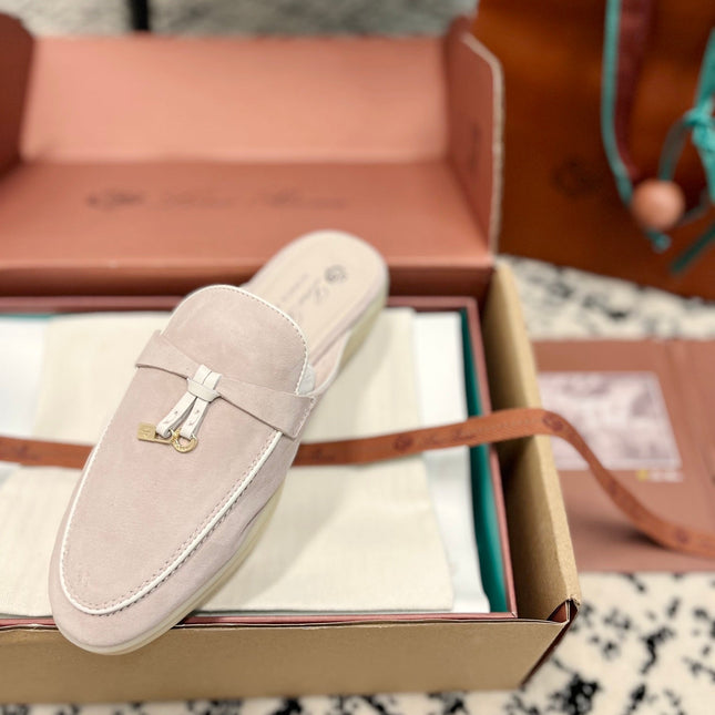 Loro Piana Light Grey White Suede Charms Walk Flat Mules