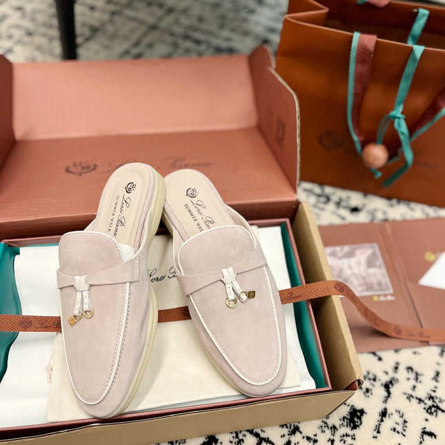 Loro Piana Light Grey White Suede Charms Walk Flat Mules