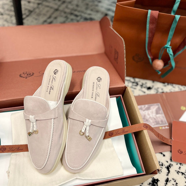 Loro Piana Light Grey White Suede Charms Walk Flat Mules