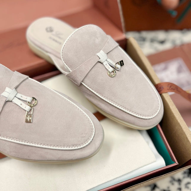 Loro Piana Light Grey White Suede Charms Walk Flat Mules