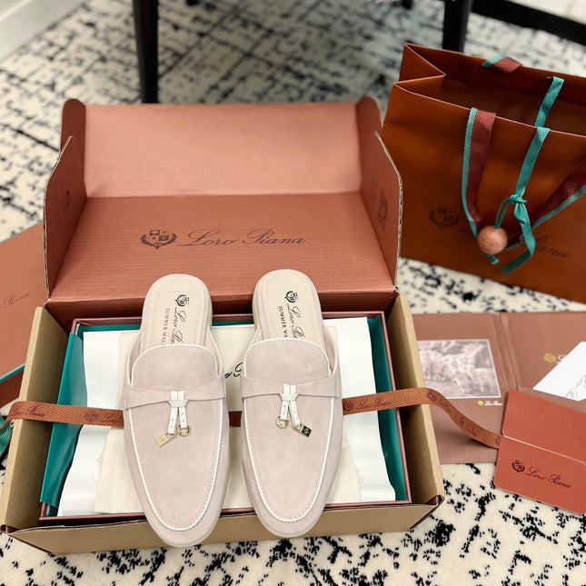 Loro Piana Light Grey White Suede Charms Walk Flat Mules