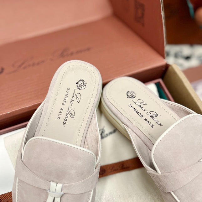 Loro Piana Light Grey White Suede Charms Walk Flat Mules