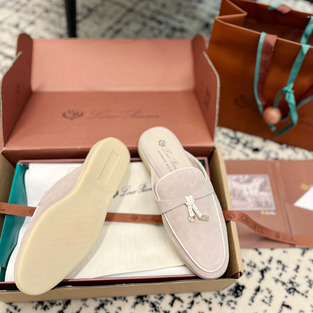 Loro Piana Light Grey White Suede Charms Walk Flat Mules