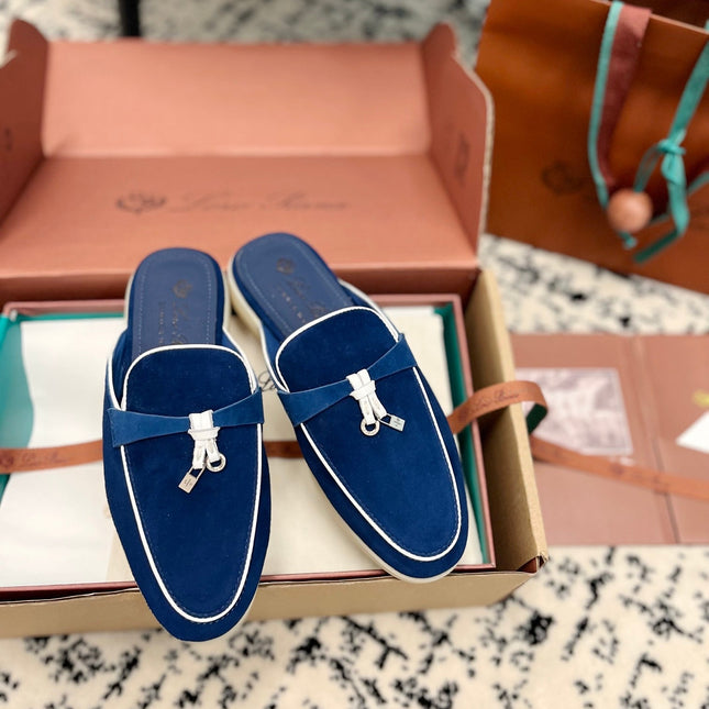 Loro Piana Dark Blue White Suede Charms Walk Flat Mules