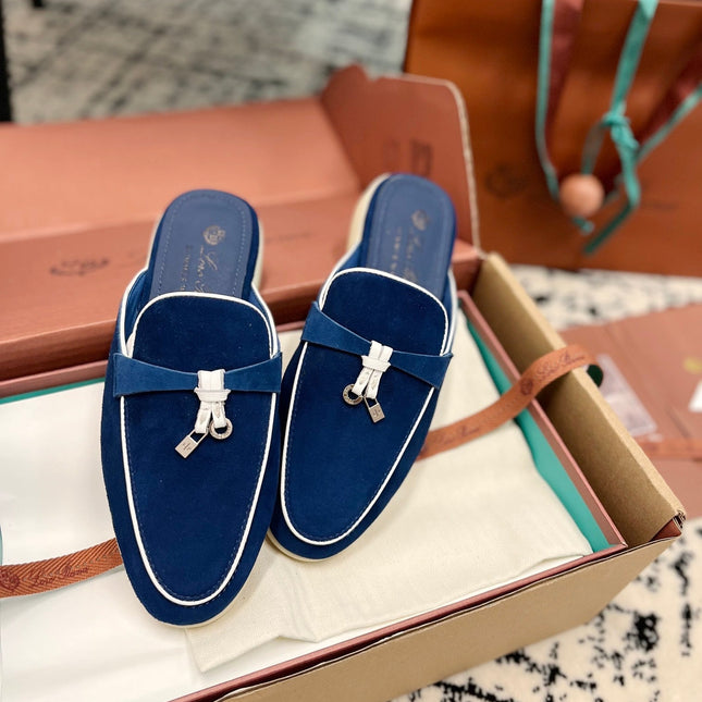Loro Piana Dark Blue White Suede Charms Walk Flat Mules