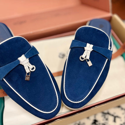 Loro Piana Dark Blue White Suede Charms Walk Flat Mules