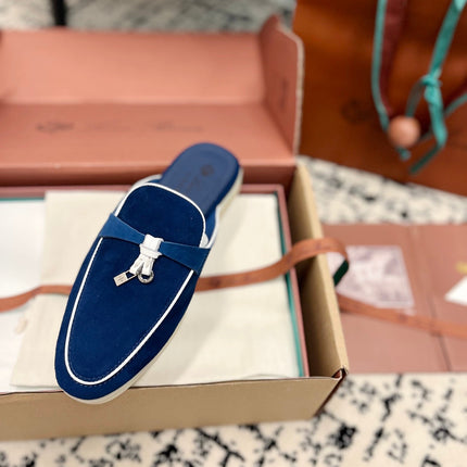 Loro Piana Dark Blue White Suede Charms Walk Flat Mules