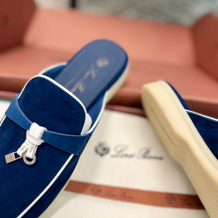 Loro Piana Dark Blue White Suede Charms Walk Flat Mules