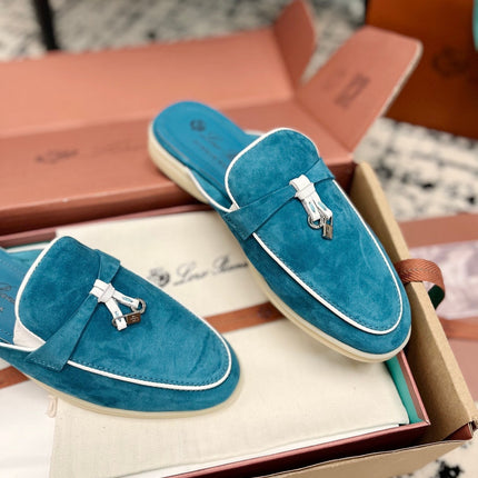 Loro Piana Ocean Blue White Suede Charms Walk Flat Mules