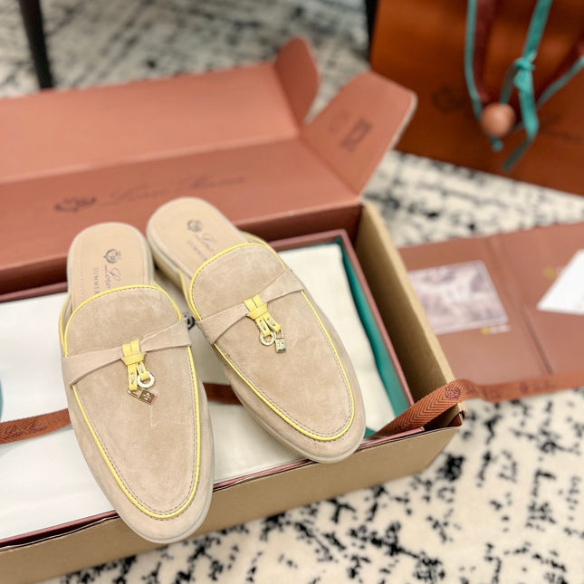 Loro Piana Beige Yellow Suede Charms Walk Flat Mules