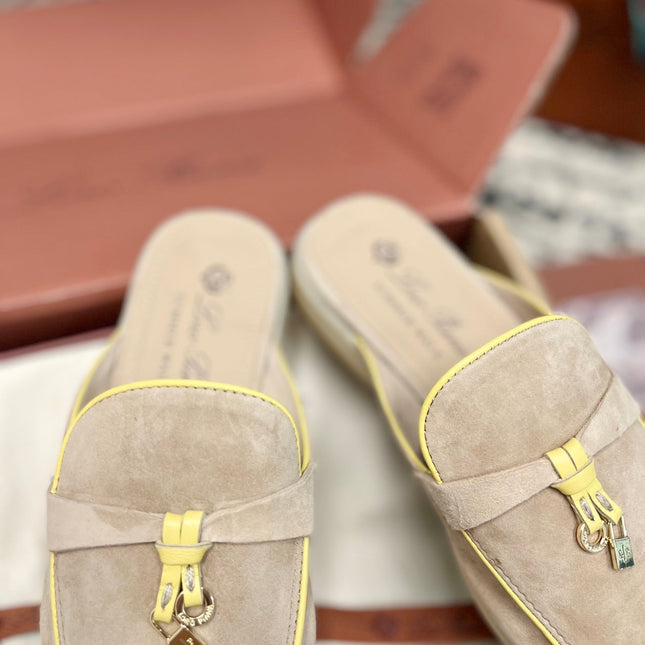 Loro Piana Beige Yellow Suede Charms Walk Flat Mules