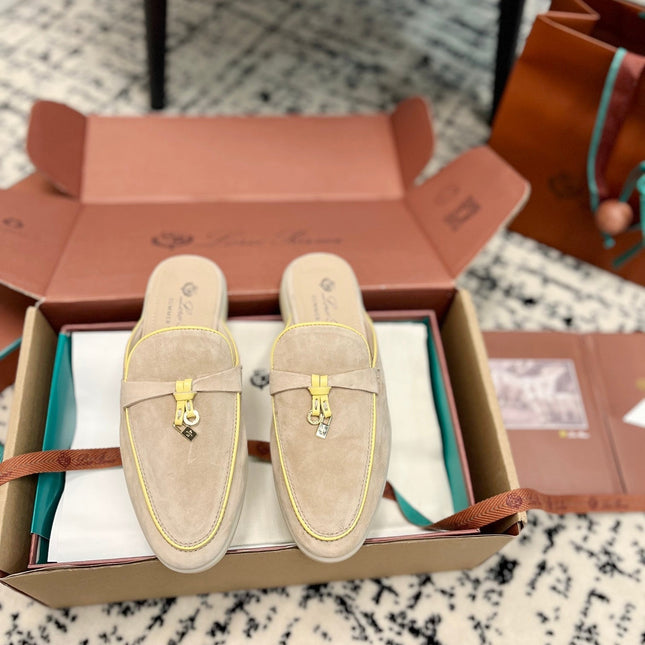 Loro Piana Beige Yellow Suede Charms Walk Flat Mules