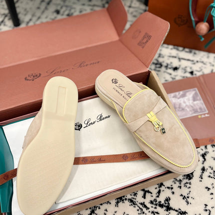 Loro Piana Beige Yellow Suede Charms Walk Flat Mules