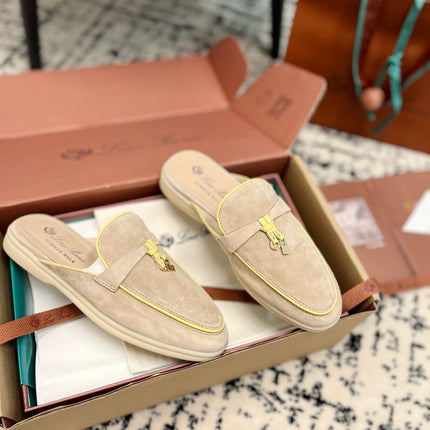 Loro Piana Beige Yellow Suede Charms Walk Flat Mules