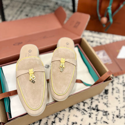 Loro Piana Beige Yellow Suede Charms Walk Flat Mules