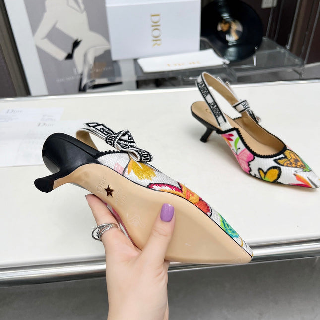 J'ADIOR SLINGBACK PUMP COLORFUL NATURAL RAFFIA AND EMBROIDERED COTTON 65 MM 130844