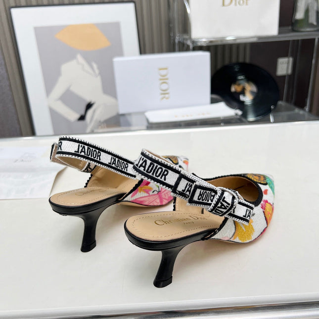 J'ADIOR SLINGBACK PUMP COLORFUL NATURAL RAFFIA AND EMBROIDERED COTTON 65 MM 130844