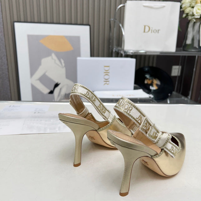 J'ADIOR SLINGBACK PUMP LIGHT GOLD CALFSKIN AND EMBROIDERED FABRIC 10 CM