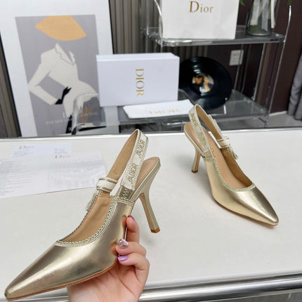 J'ADIOR SLINGBACK PUMP LIGHT GOLD CALFSKIN AND EMBROIDERED FABRIC 10 CM