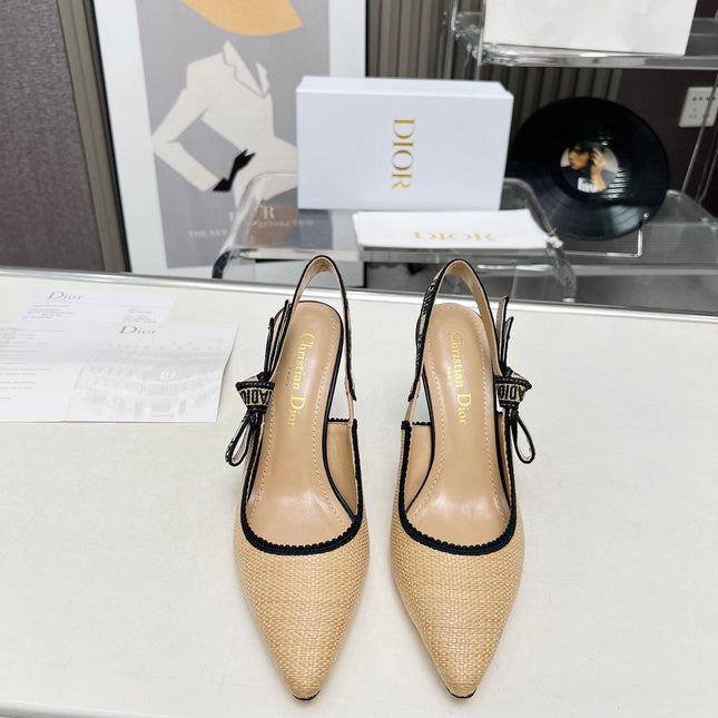 J'ADIOR SLINGBACK PUMP NATURAL RAFFIA AND BLACK EMBROIDERED COTTON 10 CM