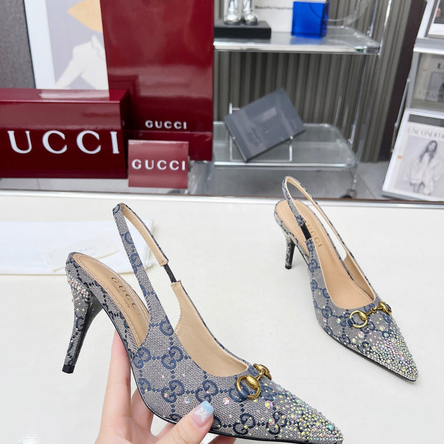 HORSEBIT SLINGBACKS IN DOVE GRAY MONOGRAM FABRIC WITH CRYSTALS