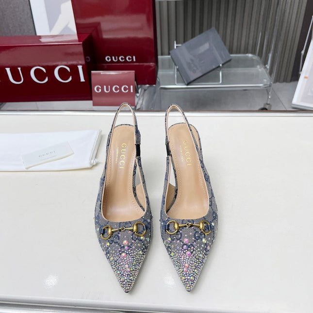 HORSEBIT SLINGBACKS IN DOVE GRAY MONOGRAM FABRIC WITH CRYSTALS