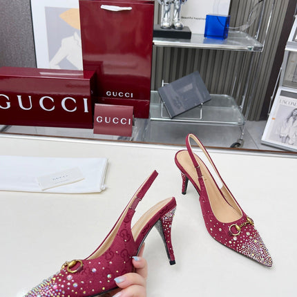 HORSEBIT SLINGBACKS IN CHERRY RED MONOGRAM FABRIC WITH CRYSTALS