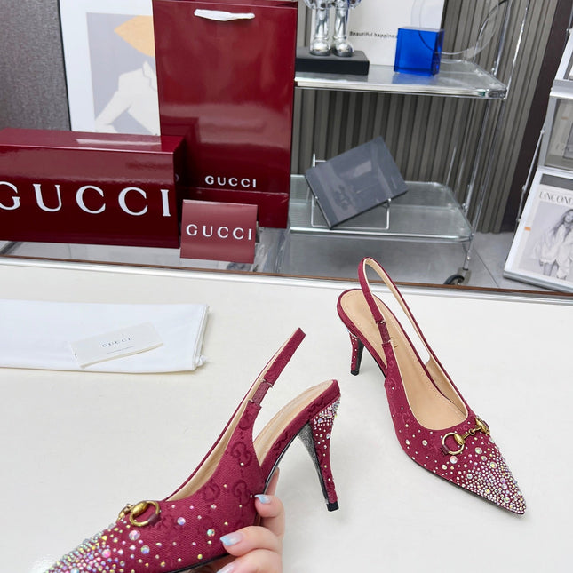 HORSEBIT SLINGBACKS IN CHERRY RED MONOGRAM FABRIC WITH CRYSTALS