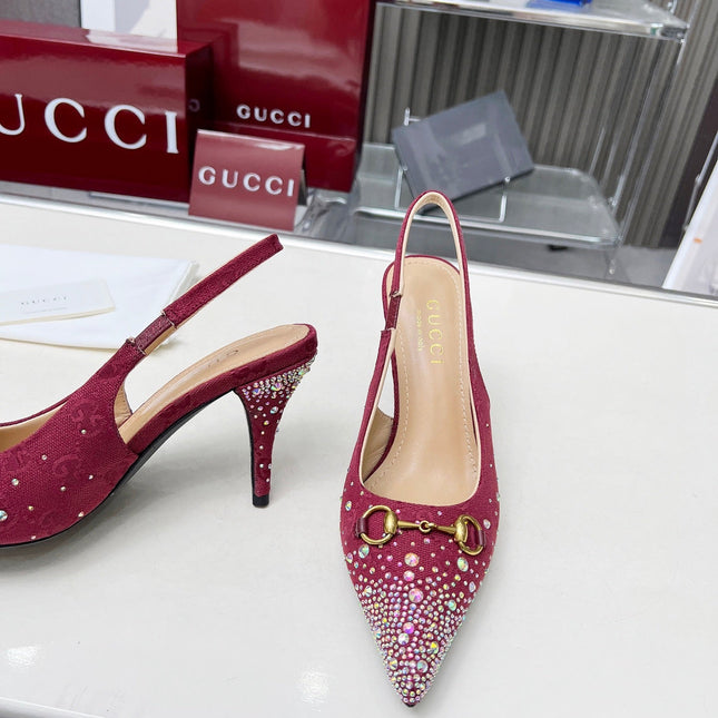 HORSEBIT SLINGBACKS IN CHERRY RED MONOGRAM FABRIC WITH CRYSTALS