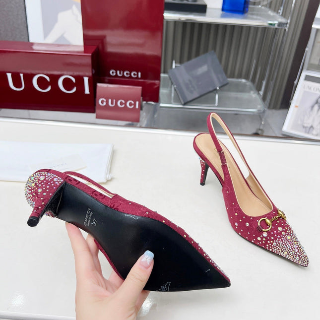 HORSEBIT SLINGBACKS IN CHERRY RED MONOGRAM FABRIC WITH CRYSTALS