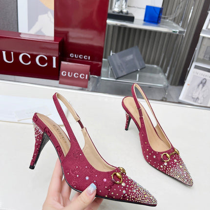 HORSEBIT SLINGBACKS IN CHERRY RED MONOGRAM FABRIC WITH CRYSTALS