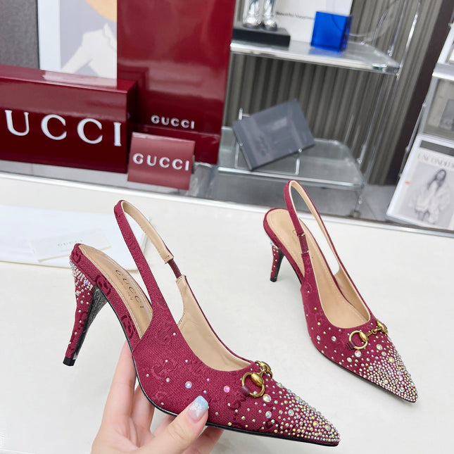 HORSEBIT SLINGBACKS IN CHERRY RED MONOGRAM FABRIC WITH CRYSTALS