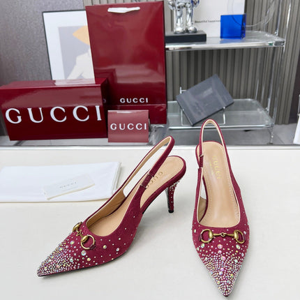 HORSEBIT SLINGBACKS IN CHERRY RED MONOGRAM FABRIC WITH CRYSTALS