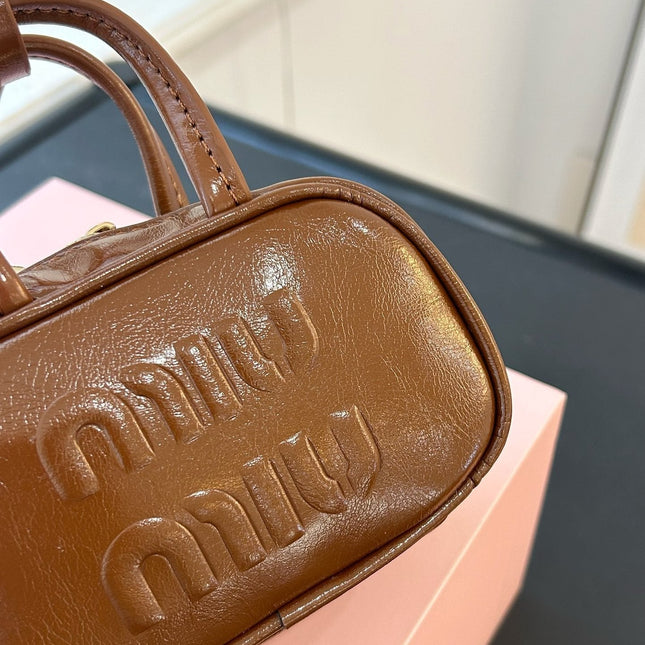 BEAU MINI TOP HANDLE BAG 14 IN PECAN BROWN CALFSKIN