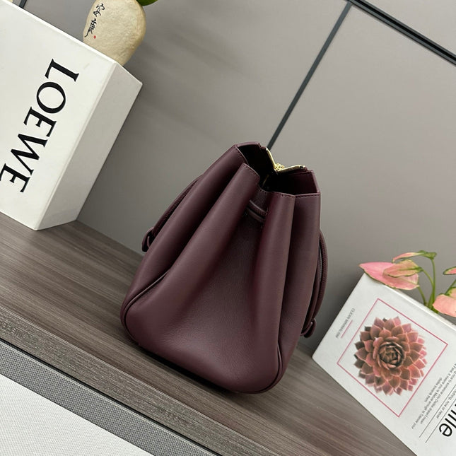 LOEWE 25S MADRID BAG 28 IN DARK WINE CALFSKIN GOLD HARDWARE