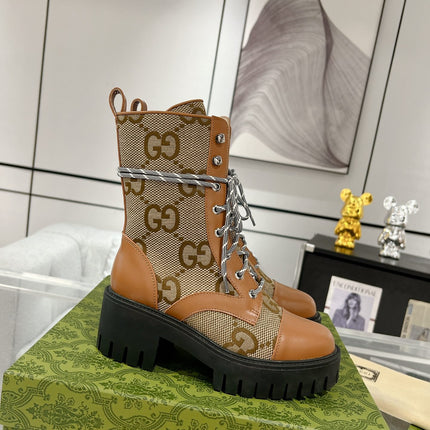 GG LACE-UP SHORT BOOTS IN CINNAMON BROWN CANVAS MIX CALFSKIN