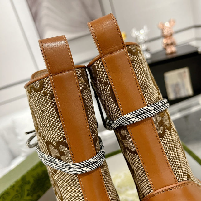 GG LACE-UP SHORT BOOTS IN CINNAMON BROWN CANVAS MIX CALFSKIN