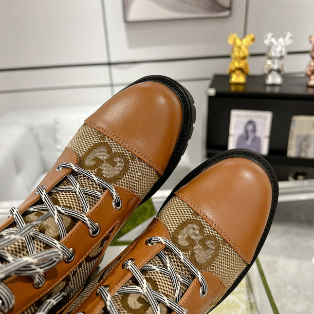 GG LACE-UP SHORT BOOTS IN CINNAMON BROWN CANVAS MIX CALFSKIN