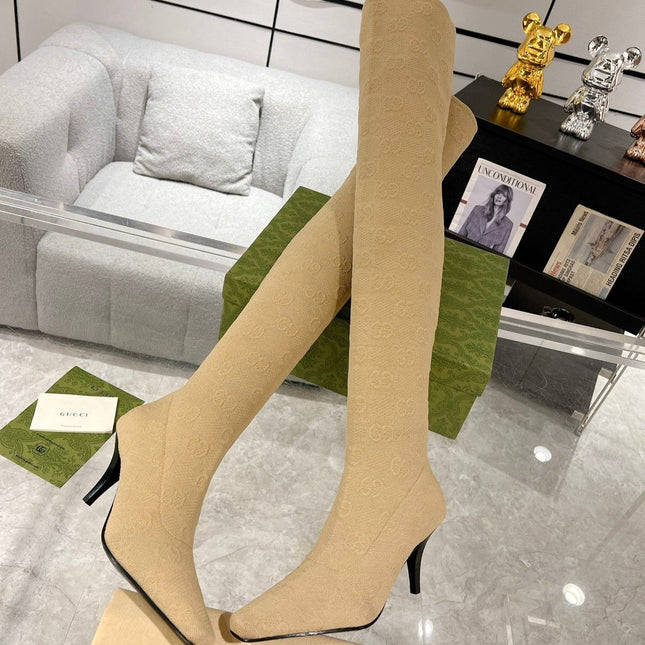 THIGH HIGH BOOTS IN BEIGE KNITTED FABRIC