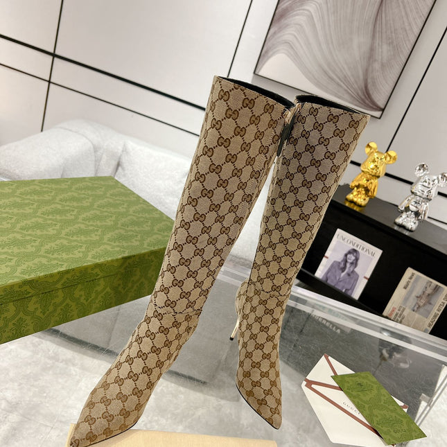 GG KNEE BOOTS IN BEIGE MONOGRAM JACQUARD FABRIC AND CALFSKIN LINING
