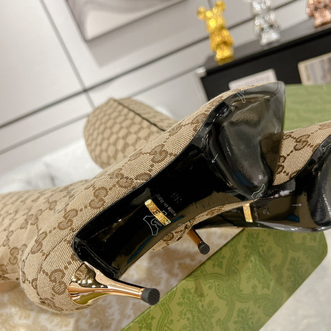 GG KNEE BOOTS IN BEIGE MONOGRAM JACQUARD FABRIC AND CALFSKIN LINING