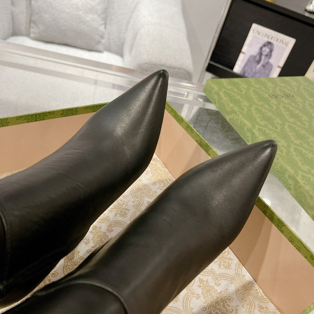 GG KNEE BOOTS IN BLACK CALFSKIN WITH GOLD PLATED HEEL