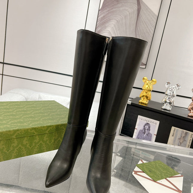 GG KNEE BOOTS IN BLACK CALFSKIN WITH GOLD PLATED HEEL