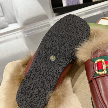 HORSEBIT MULE WITH WEB IN WINE RED CALFSKIN MIX MINK FUR