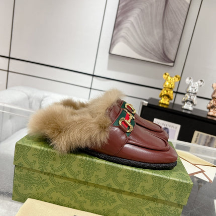 HORSEBIT MULE WITH WEB IN WINE RED CALFSKIN MIX MINK FUR