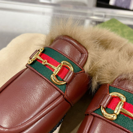 HORSEBIT MULE WITH WEB IN WINE RED CALFSKIN MIX MINK FUR