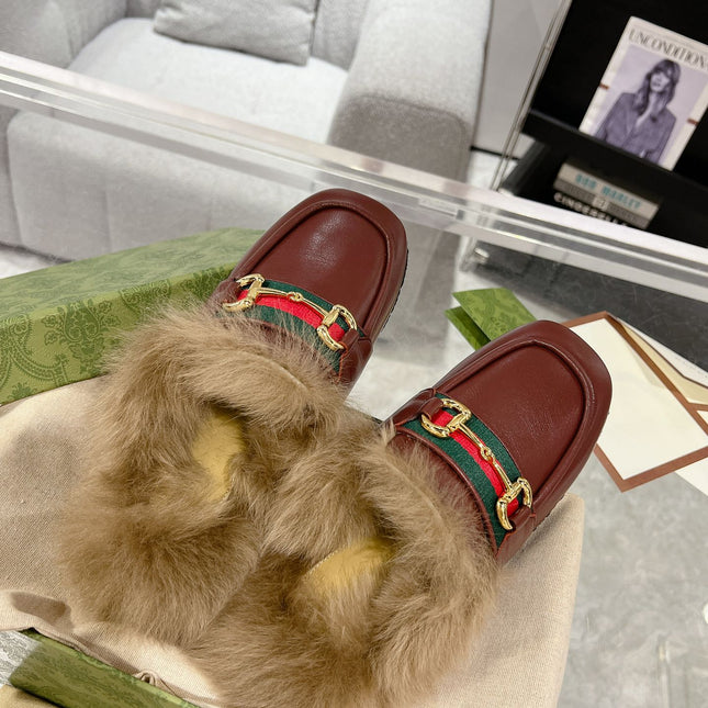 HORSEBIT MULE WITH WEB IN WINE RED CALFSKIN MIX MINK FUR