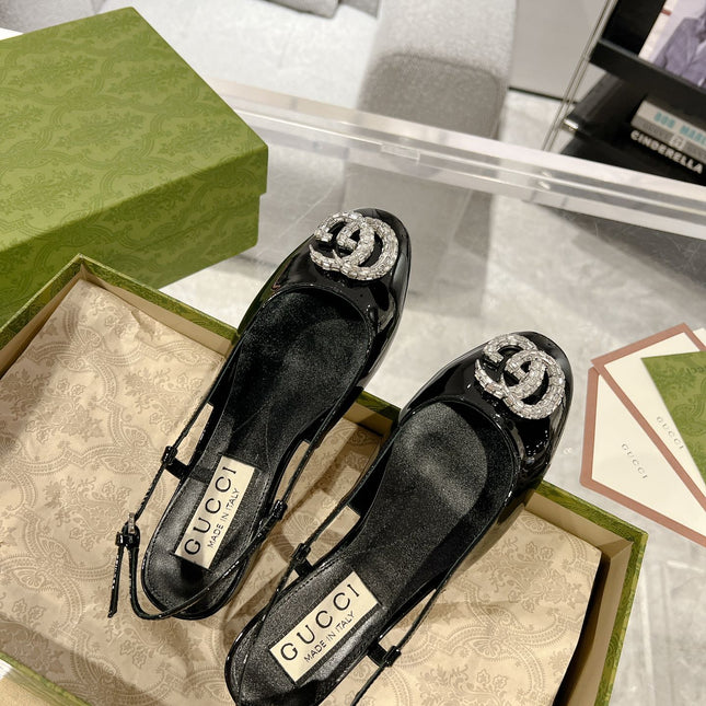 GG CRYSTALS SLINGBACK BALLET BLACK CALFSKIN
