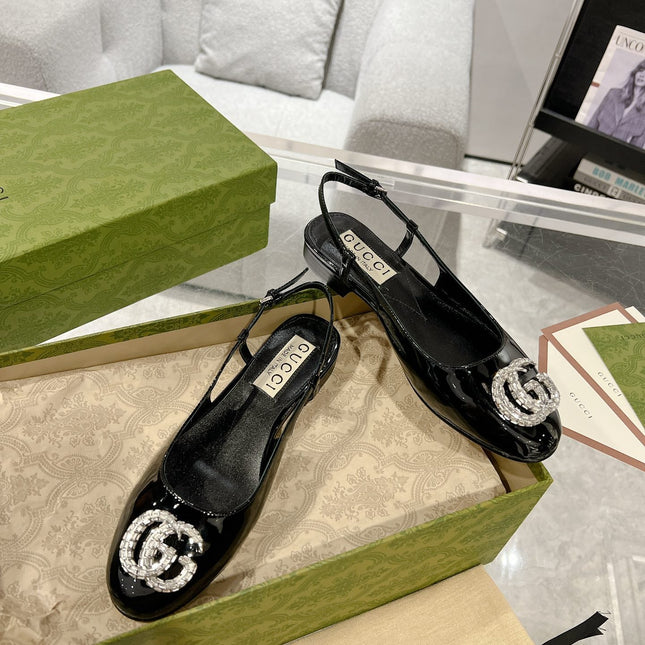 GG CRYSTALS SLINGBACK BALLET BLACK CALFSKIN
